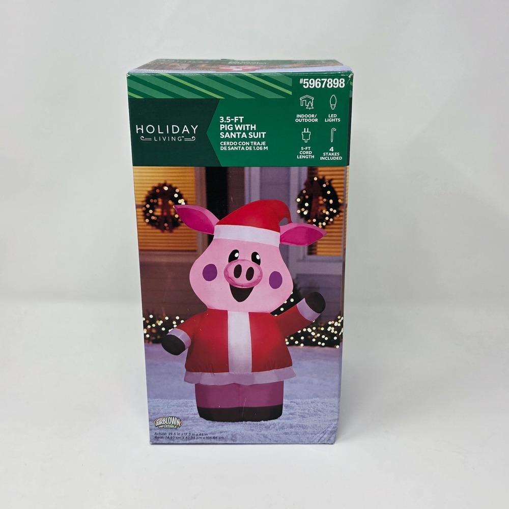 Holiday Living 3.5ft Christmas Pig Santa Suit LED Airblown Inflatable Yard Decor